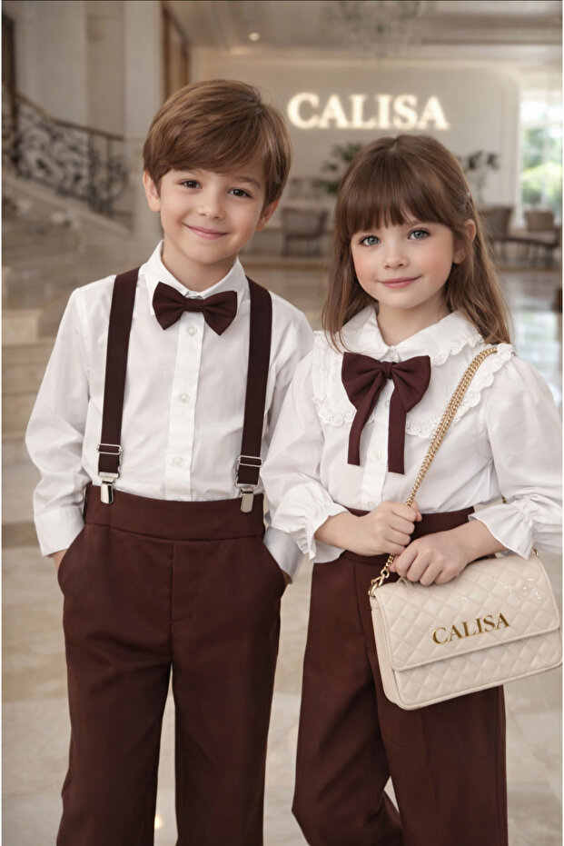 Boy's Combination Holiday Suit, Suspender Pants, Bow Tie, Shirt Set, Stylish Children's Combination