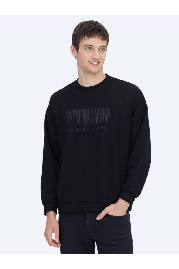 Siyah Bisiklet Yaka Baskılı Sweatshırt - 1