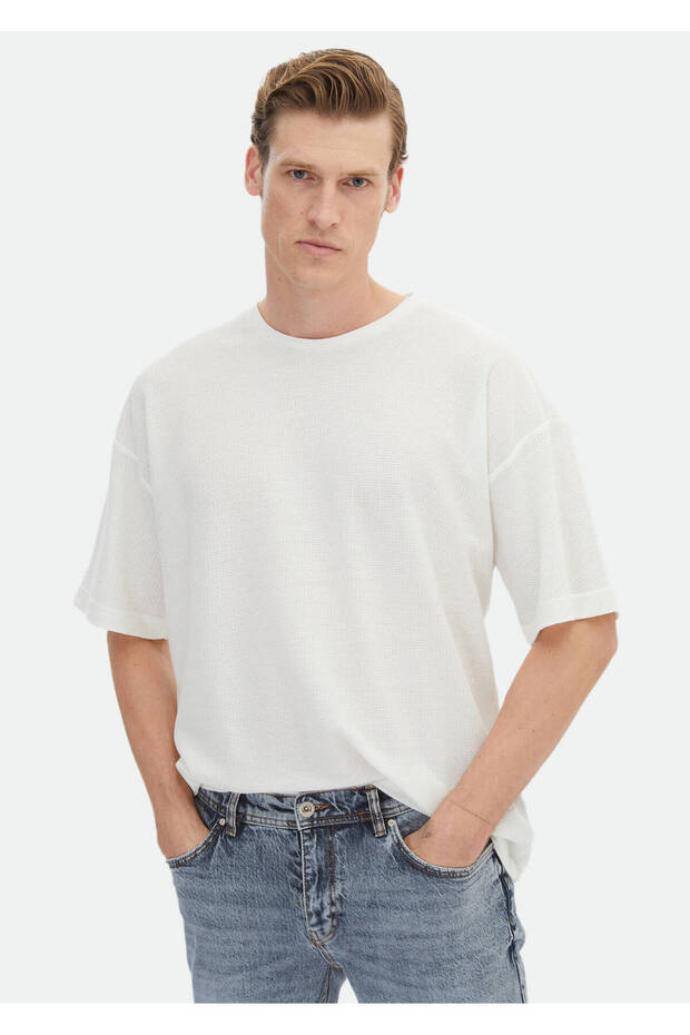 Crew Neck 100% Cotton Ecru T-Shirt - Jacquard