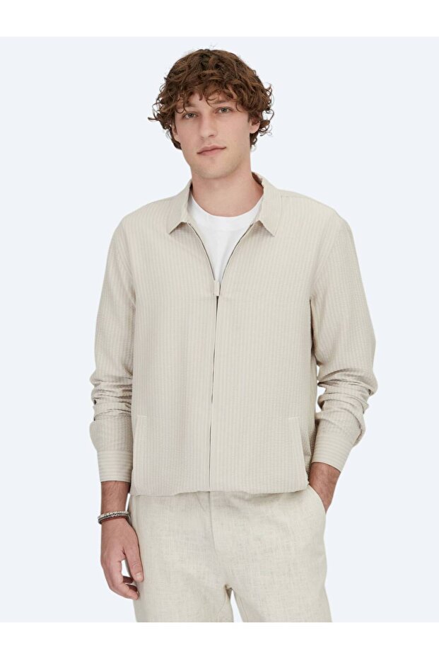 Bej Regular Fit Dokuma Overshırt - 1