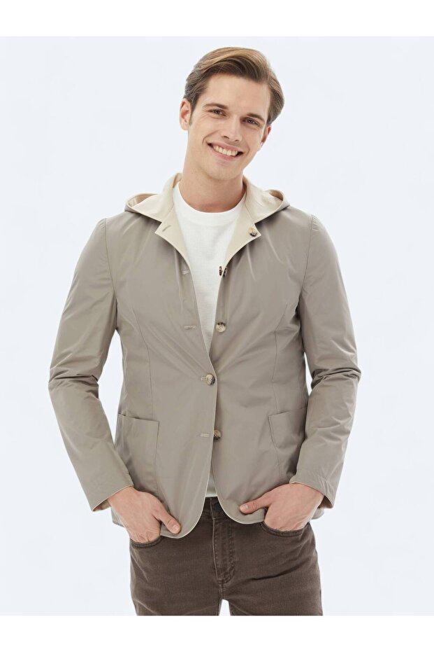 Bej Regular Fit Kapüşonlu Casual Örme Mont - 2