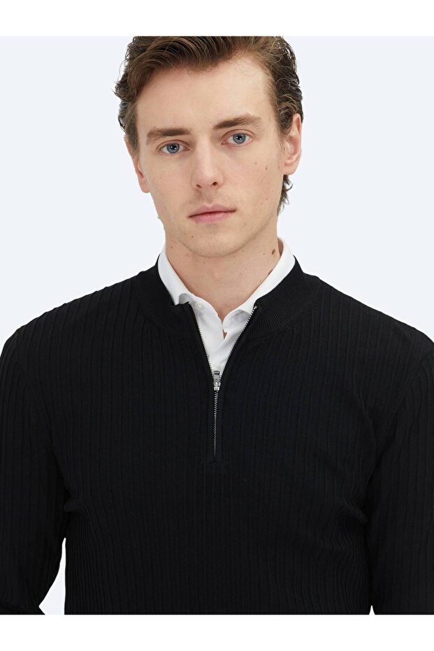 Black Half Turtleneck Patterned Sweater Sweater - 3