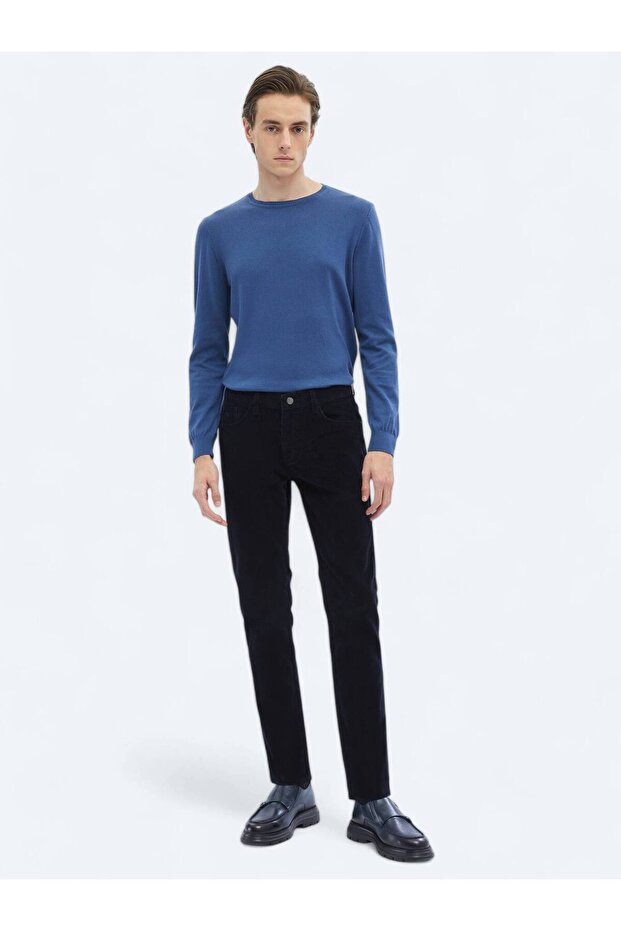 Navy Blue Woven Slim Fit Velvet Casual Cotton Blended Pants