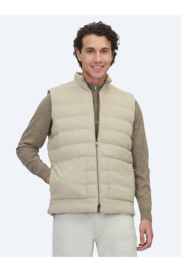 Beige Regular Fit Stand Collar Casual Woven Sports Vest