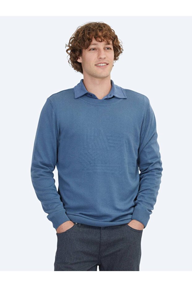 Aviator Blue Crew Neck Patterned Cotton Blend Knit Sweater