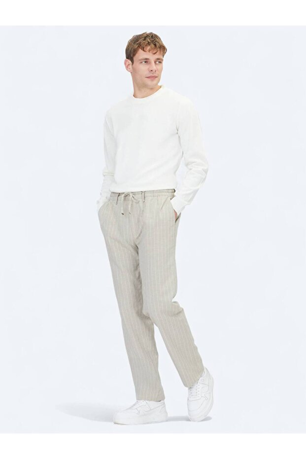 Beige Striped Woven Jogging Fit Casual Linen Blend Trousers