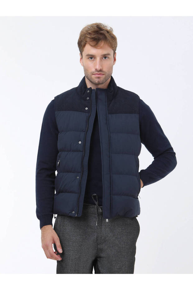 Navy Blue Regular Fit Stand Collar Casual Woven Sports Vest