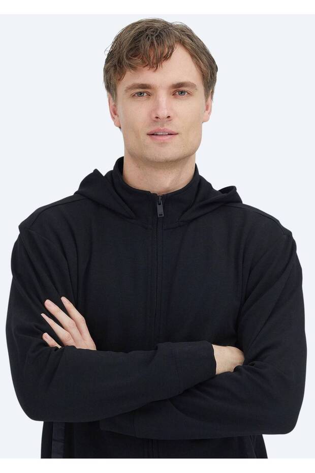 Siyah Kapüşonlu Düz Sweatshırt - 2