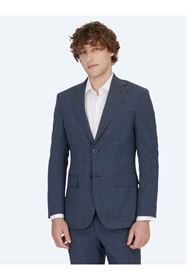 Modern Fit Wool Blended Suit with Navy Blue Print