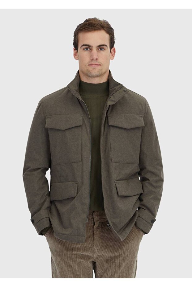 Khaki Regular Fit Micro Gel Fiber Sports Jacket