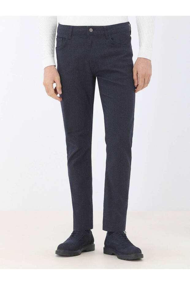 Navy Blue Woven Slim Fit Casual Cotton Blend Trousers