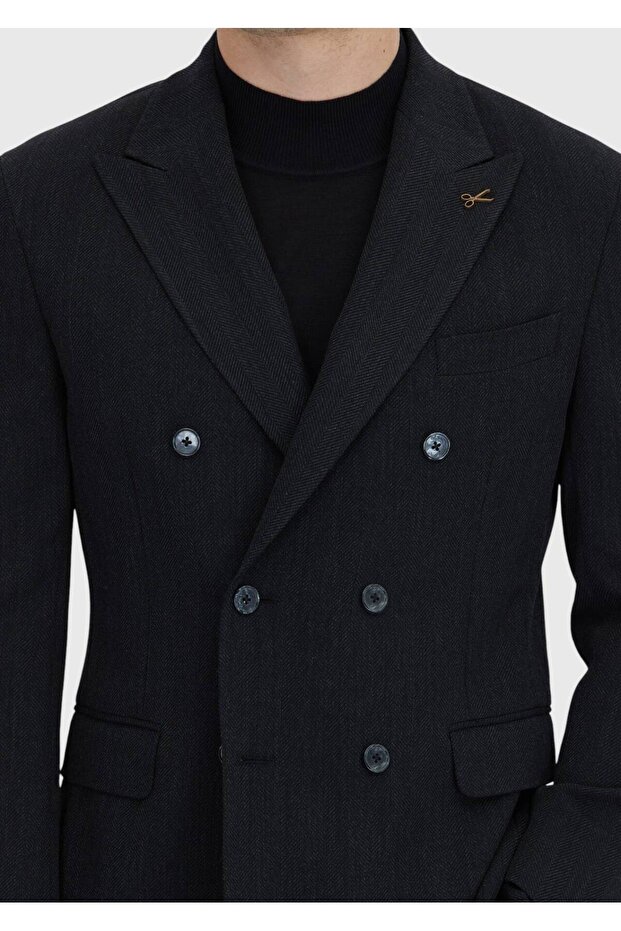 معطف أسود منقوش من الصوف بقصة ضيقة - 5