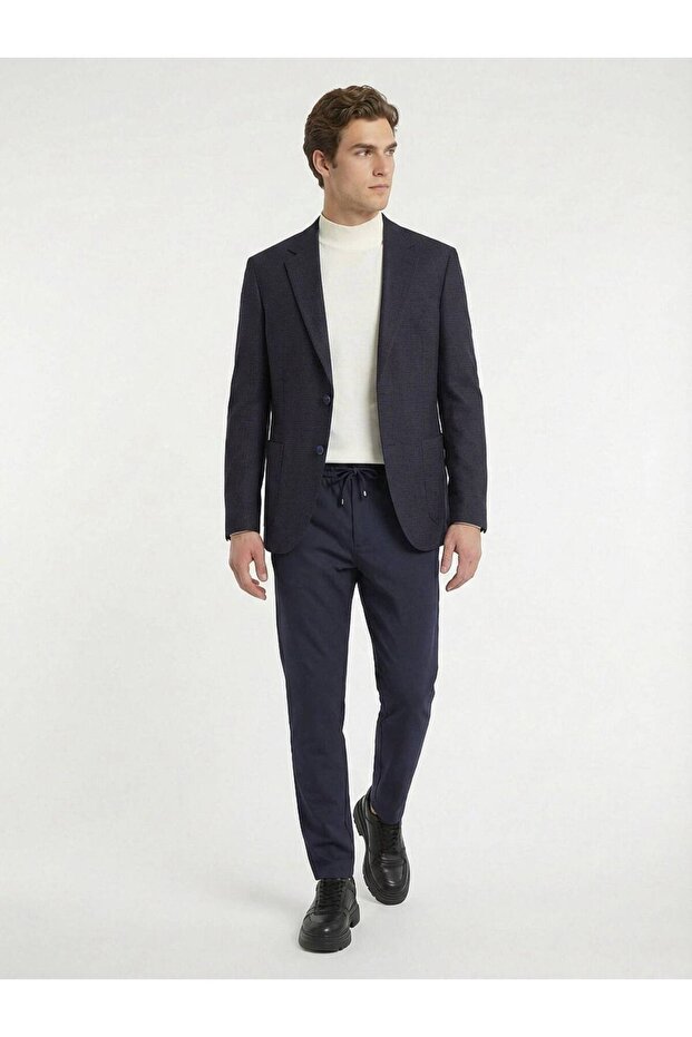 Navy Blue Patterned Wool Blend Jacket - 2