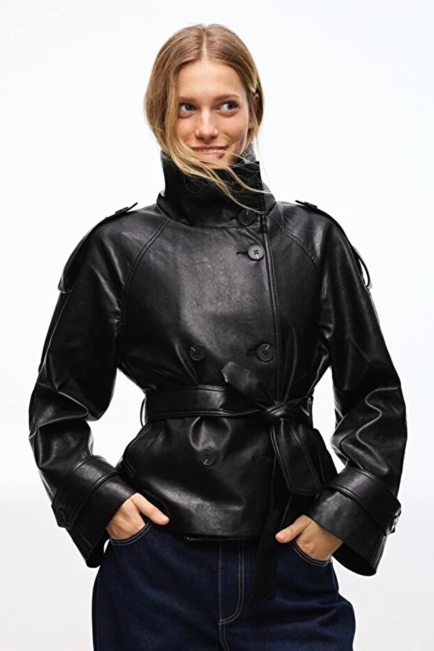 Bsk Faux Leather Mock Neck Lined Women's Leather Jacket Trench Coat