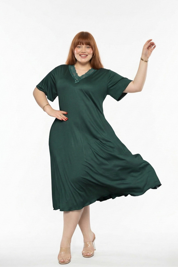 Bamboo Fabric Lace Collar Detail Flared Dress 7XL