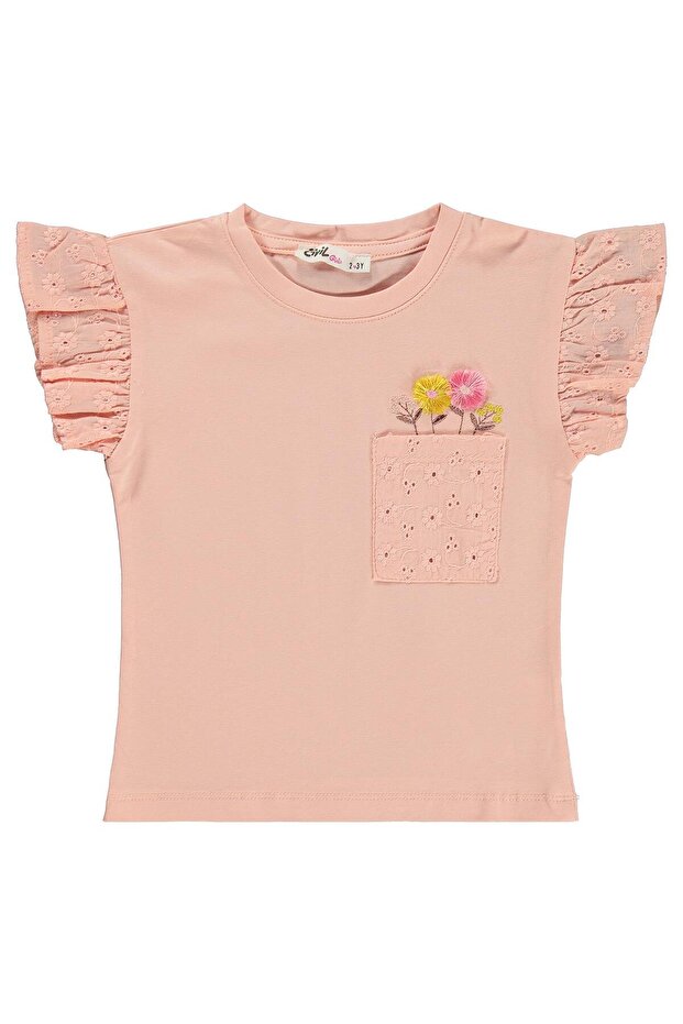 Floral Embroidered T-Shirt with Pockets for 2-5 Years Old - Powder