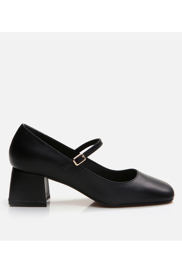 Women's Leather Mary Jane Black Thick Heeled Shoes