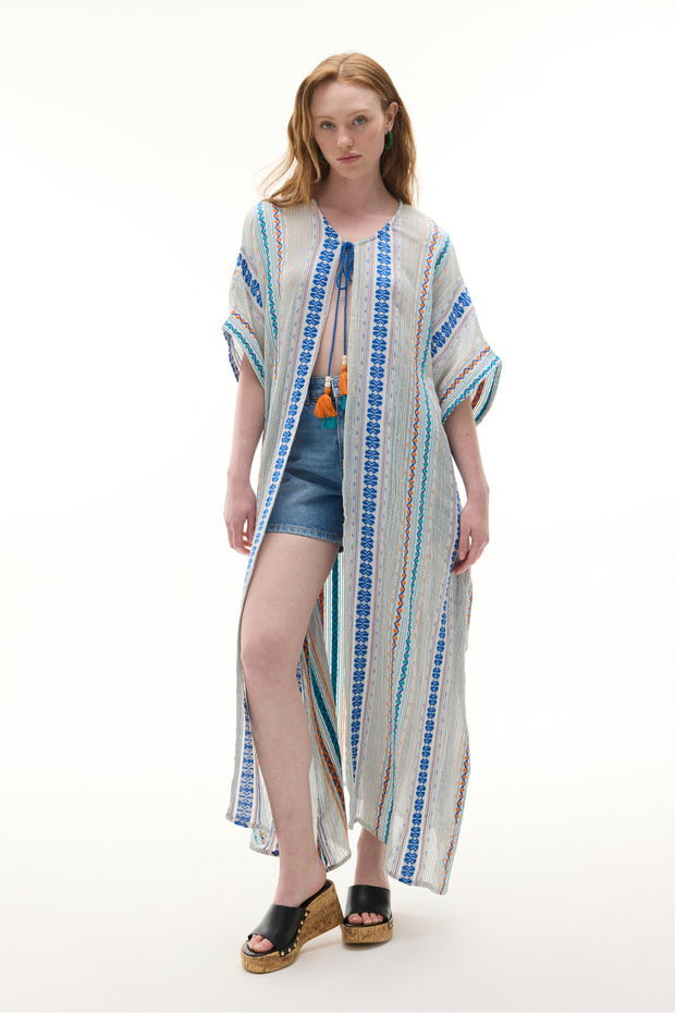 Women's Blue Ethnic Printed Belted Long Dress