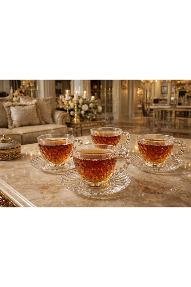 Crystal Modern Cup and Saucer Set with Beaded Handles (for 4 People) 200 ml