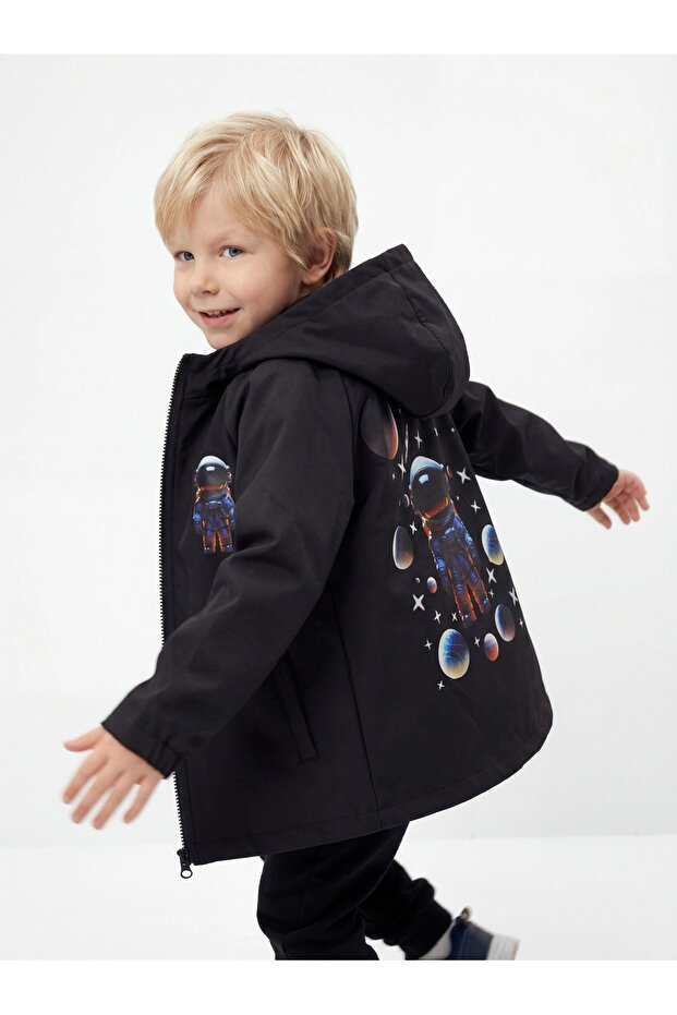 Boy's Water and Wind Resistant Space Themed Black Trench Coat-Raincoat-Windbreaker