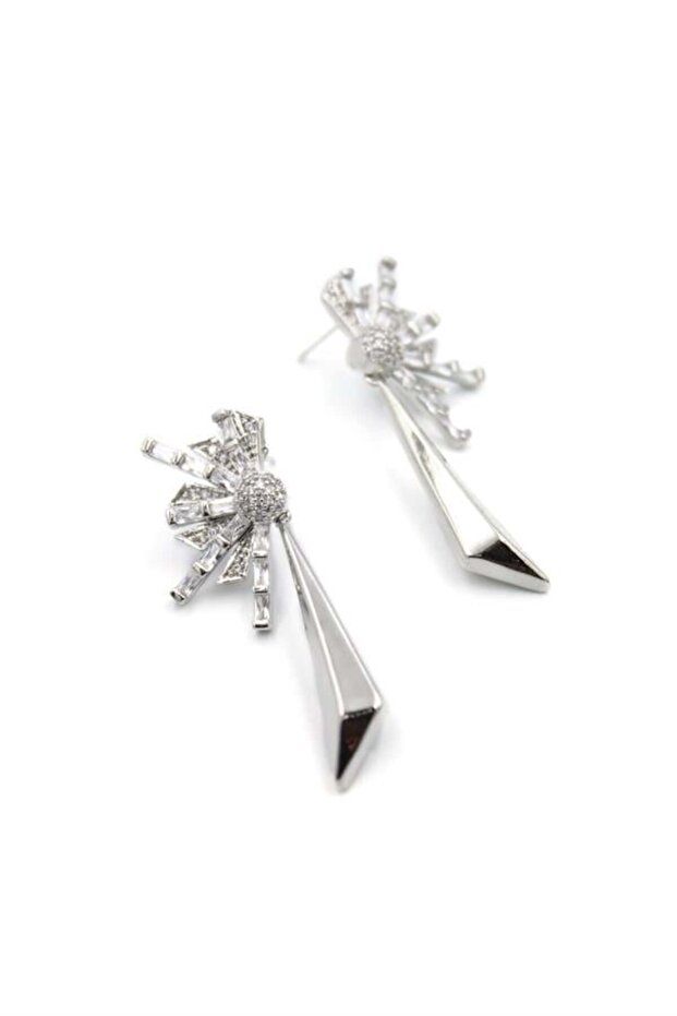 أقراط متدلية مرصعة بالأحجار - فضية - 2