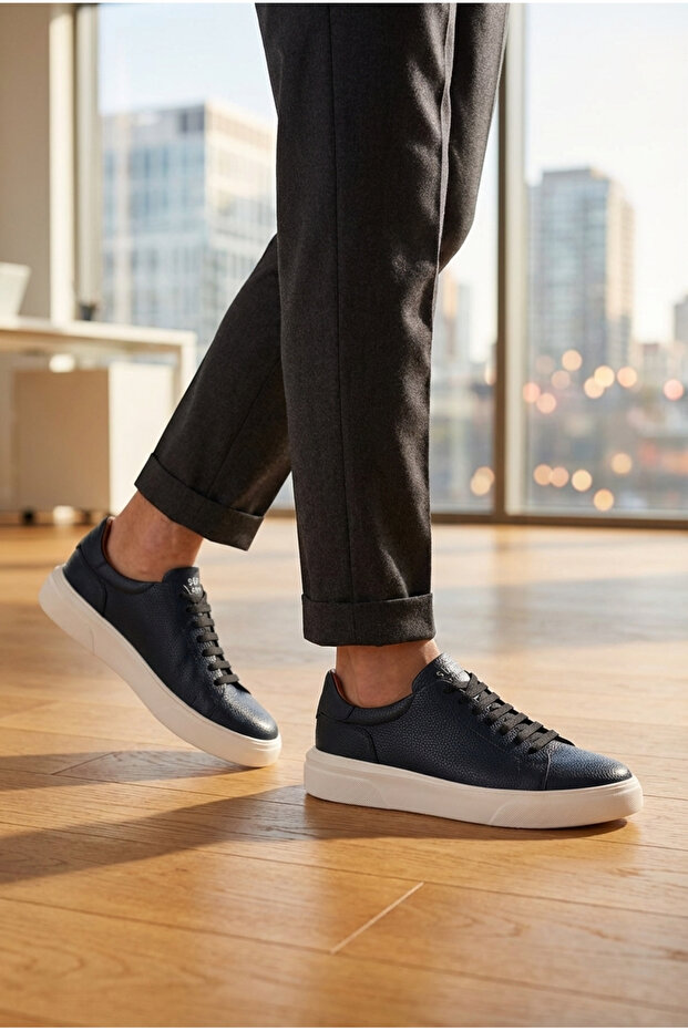 Navy Blue Tommy Men's Leather Sneakers Comfort Sole Shoes