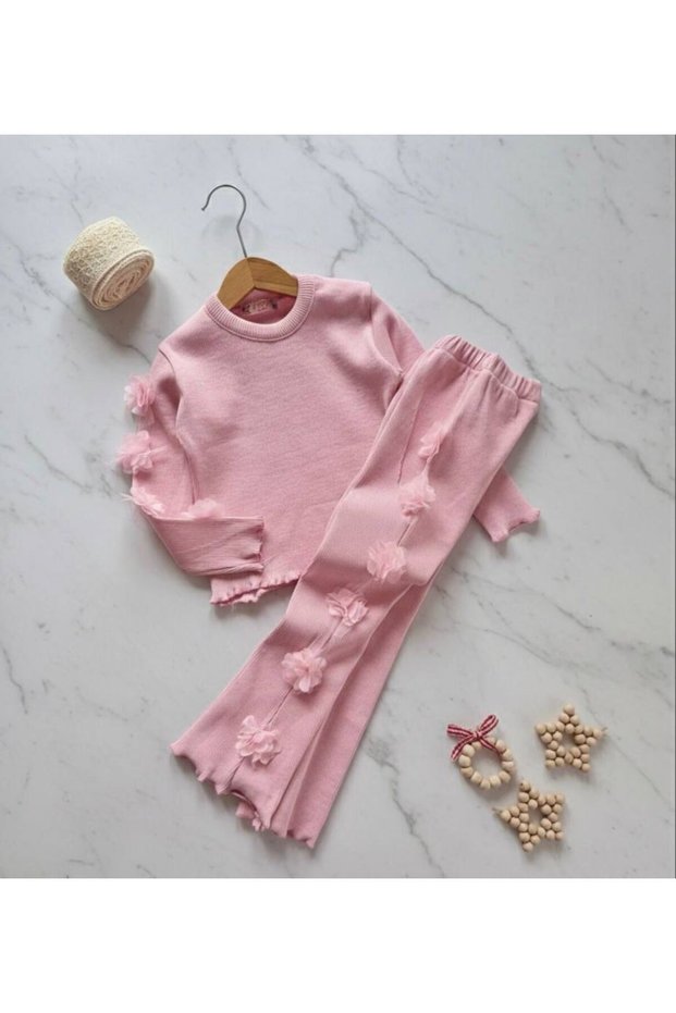 Lilac Ribbed Suit with Floral Applique Detail