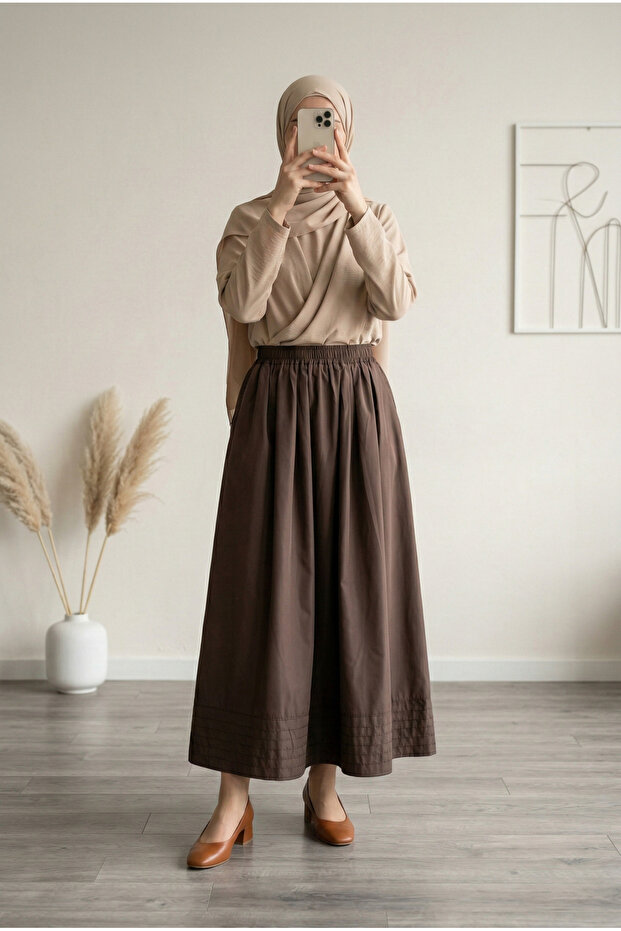 İdilnaz Double C Pocketed Six-Stitched P Poplin Skirt-By5020 Brown