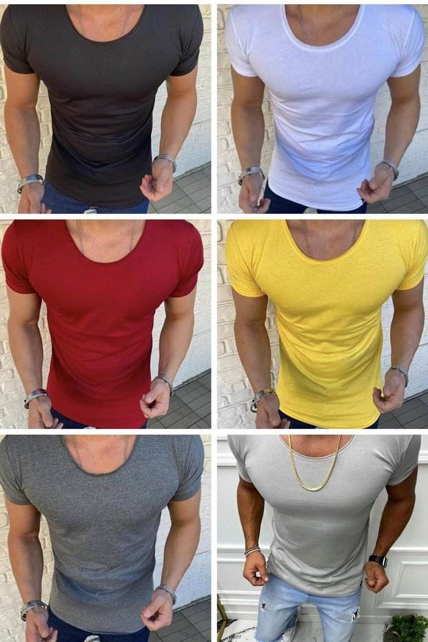 Men's 6 Pack Oval Collar Open Collar T-Shirt Black White Burgundy Gray Light Gray Yellow T-Shirt