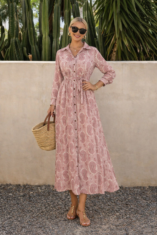 Flowy Dress with Shawl Pattern and Belt 2029