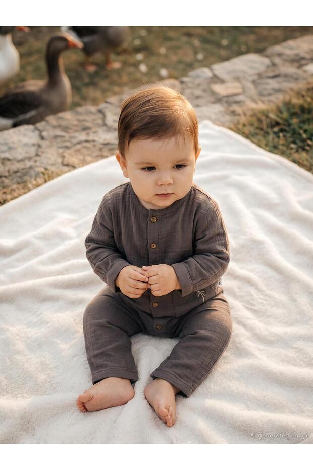 Palm Tree Embroidered 3-12 Months Jumpsuit - Brown 6-9 Months