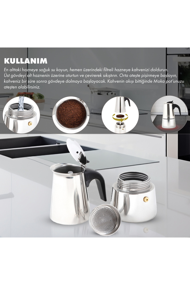 Çelik Moka Pot 300 ml (6 Shot) 18/10 Paslanmaz Çelik Espresso Demleme Potu - 6