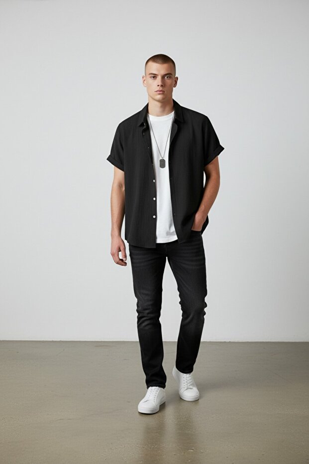 Men's Black Short Sleeve Wrinkled Shirt