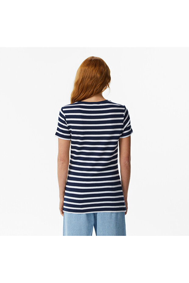 Kadın Slim Fit Bisiklet Yaka Çizgili Lacivert T-Shirt - 5