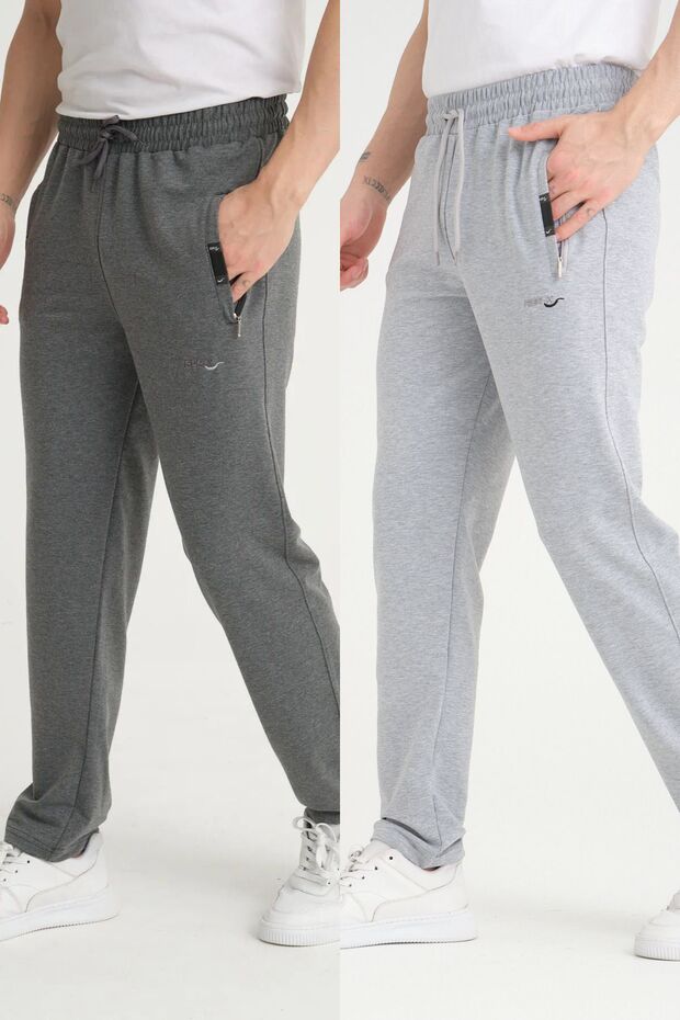 Men's Anthracite - Gray Relaxed Cut Straight Leg Embroidery Detailed Combed Fabric Sweatpants