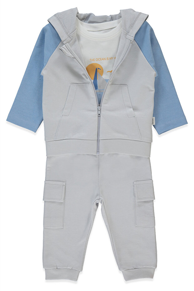 Two-Strap Hooded Cardigan 3-Piece Set (in the Sea) Gray