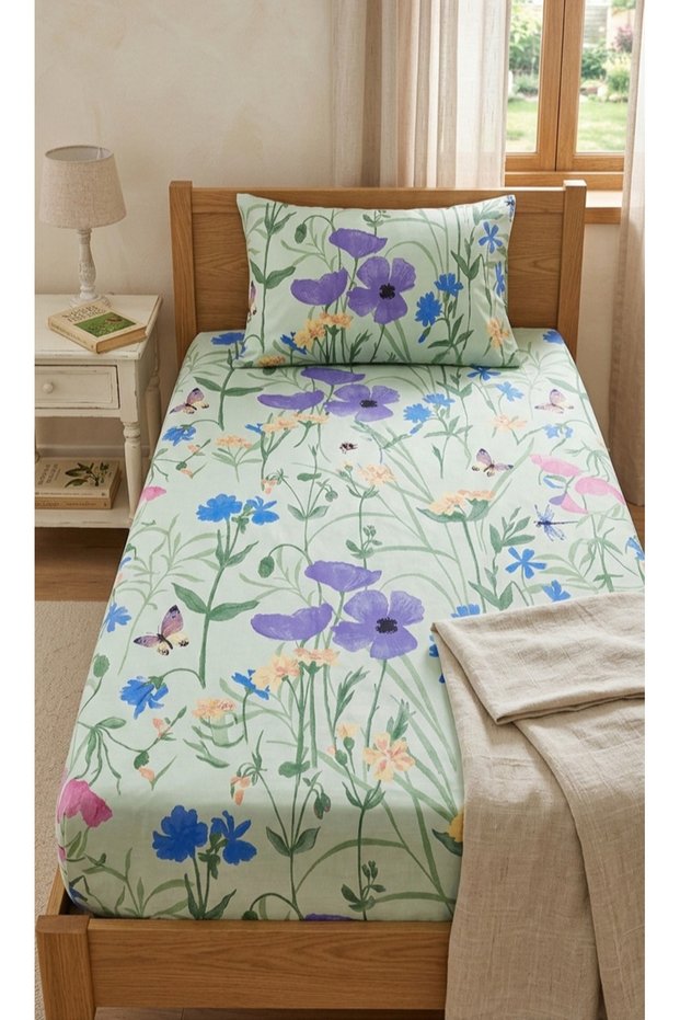100% Cotton Poplin (Akfil) Fitted Pillowcase Single Size Floral Pattern Elastic Sheet Set