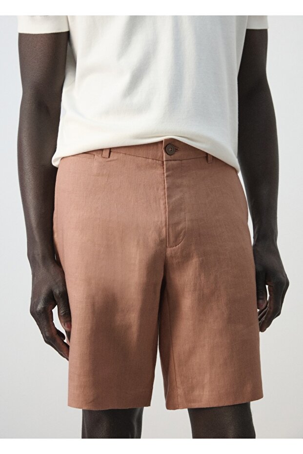 Dar kesim %100 keten bermuda şort - 6