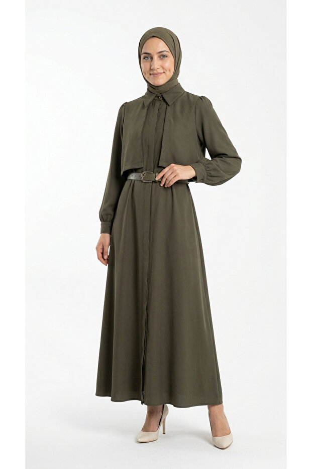 Aylan Gold Buttoned Bolero Hidden Buttoned Belt Piece Dress-Mf1800.1 Khaki