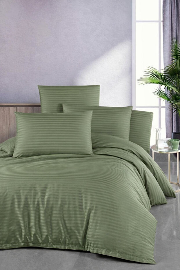 Striped Cotton Satin Green Hotel Series Double Duvet Cover Set with Elastic Sheets