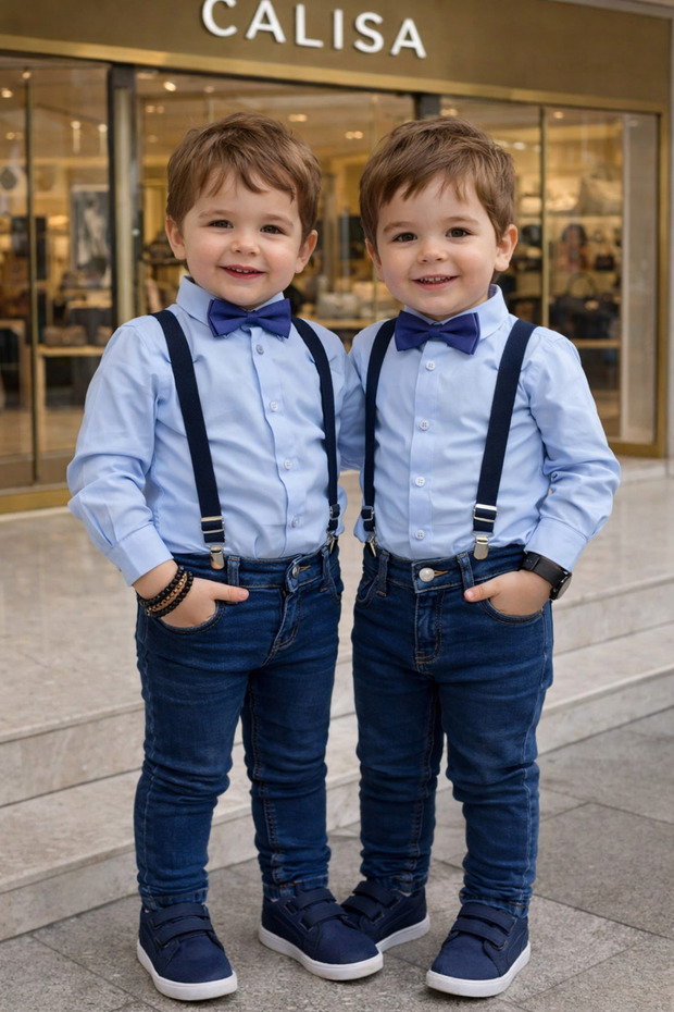 Boy's Strappy Jeans Trousers Shirt Bow Tie Holiday Suit Combination