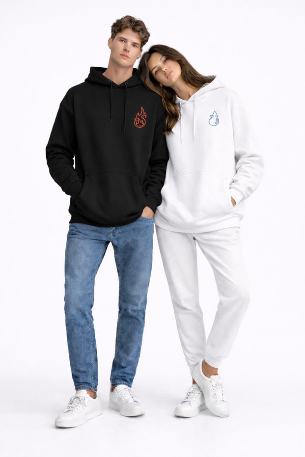 Dear Couple Combination Fire and Water Printed Hoodie - Unisex Oversize Hooded Sweatshirt 2-Pack Black
