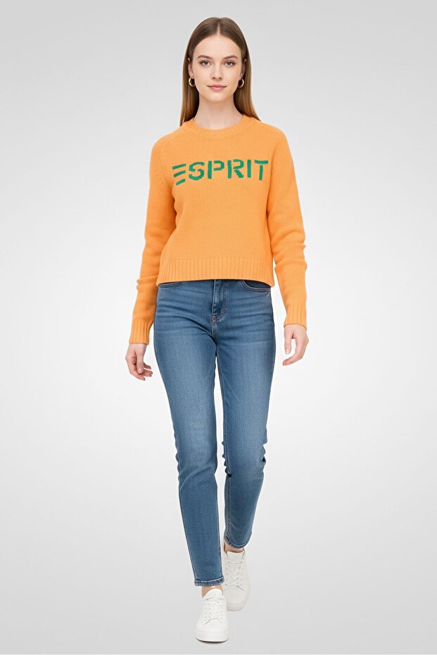 Women Ribbed Collar Brand Logo Sweater, Orange