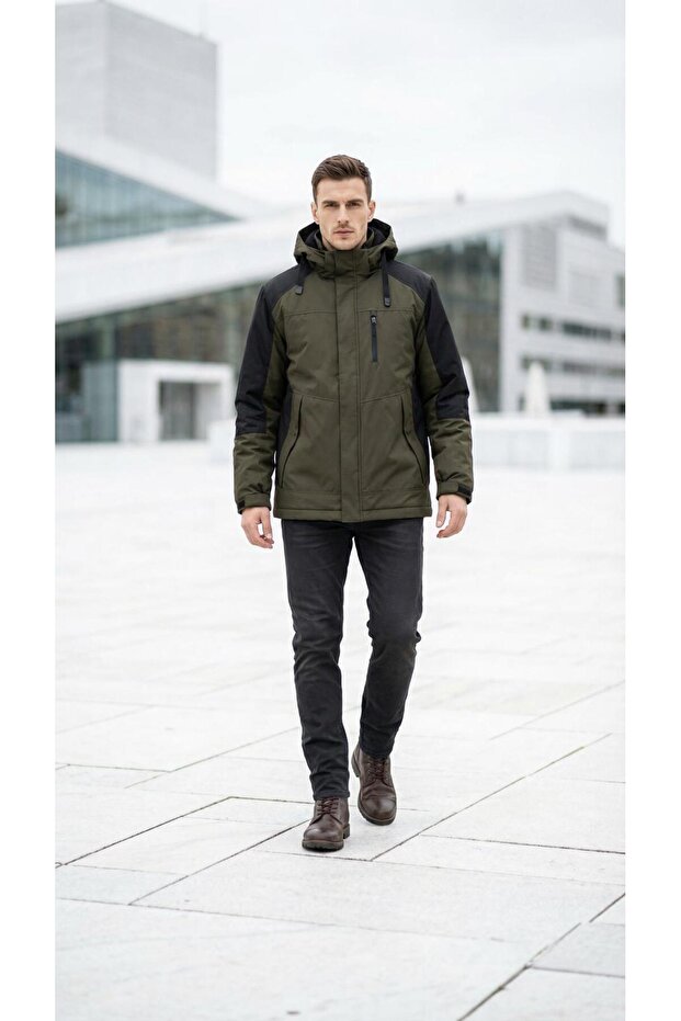 Men's Two-Color Fleece-Lined Hooded Coat