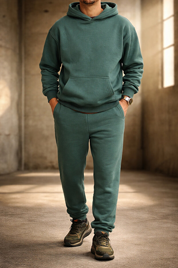 Men's Petrol Green Relaxed Fit Tracksuit Set 3 Thread Fleece-Lined Thick Fabric Ribbed Leg Drawstring Waist