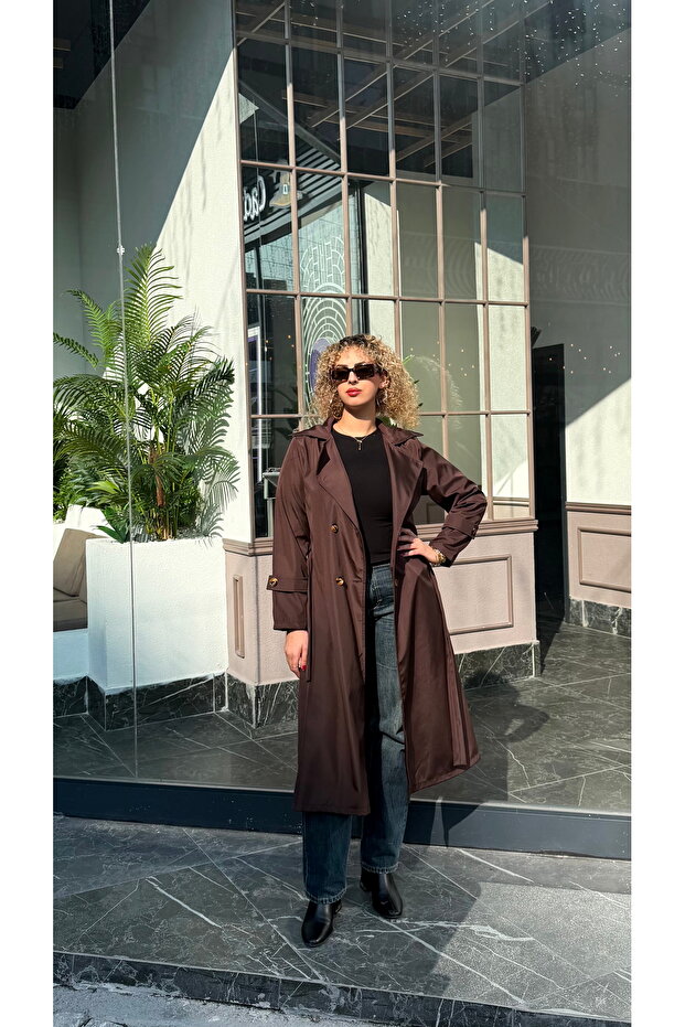 Women's Long Belted 4-Button Trench Coat – Water-Repellent Fabric