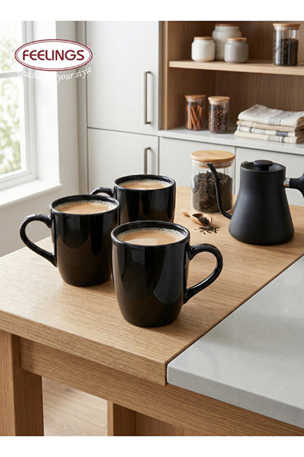 Stoneware Mug Set of 4 - Black, 360ml | Ceramic Coffee Mug Set for Tea, Coffee, and Hot Bev