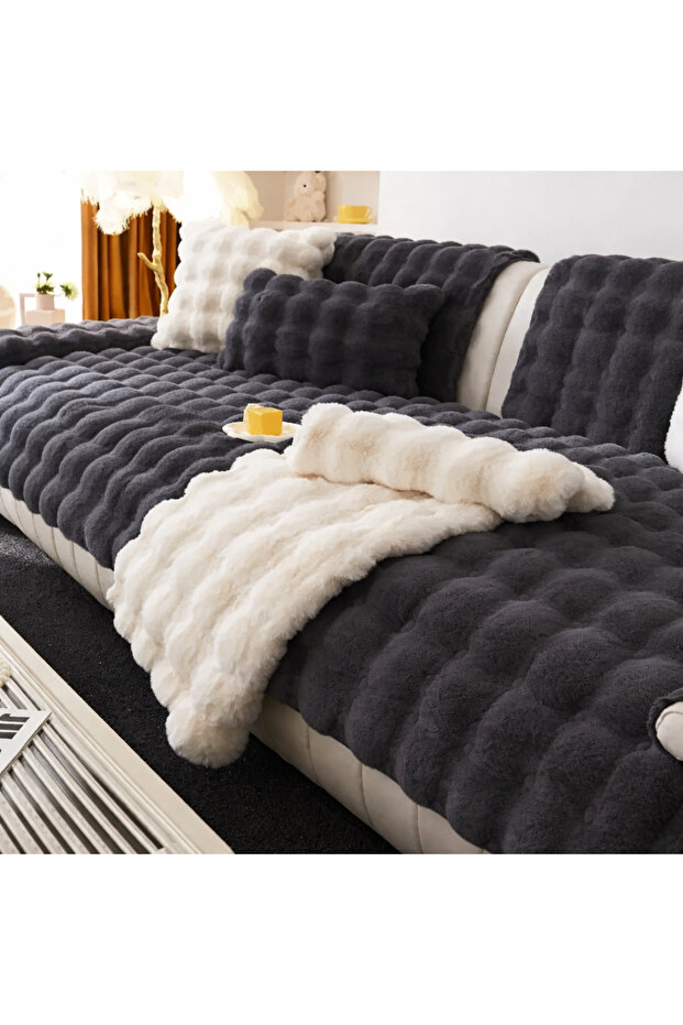 Plush 3-Seater Sofa Cover 1Pc 80X200Cm Cover Anthracite