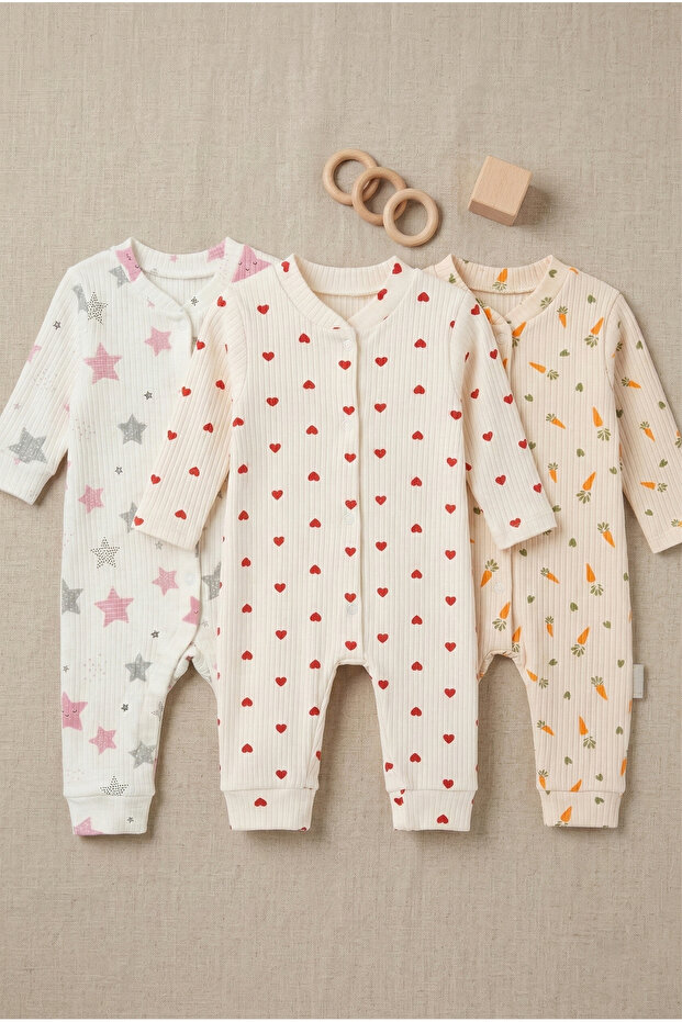 3-Piece Long Sleeve Booties Baby Sleeping Bag Set - Heart Patterned Snap Fastener Ribbed Pajamas