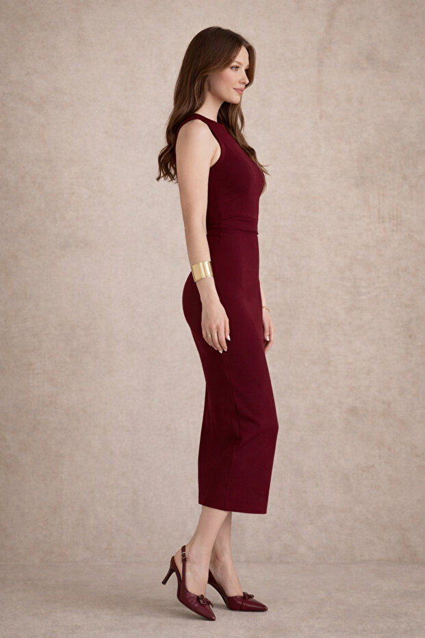 Drapeli Midi Bordo Elbise - 3